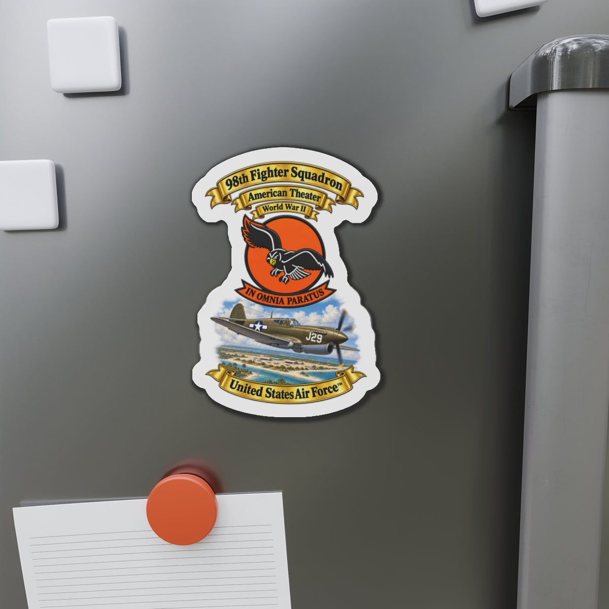 Die-Cut Magnet - 98th Fighter - Intceptor Squadron - SSI - American Theater - USAAF -w P40 Warhawk Scene - 3D - Transparent