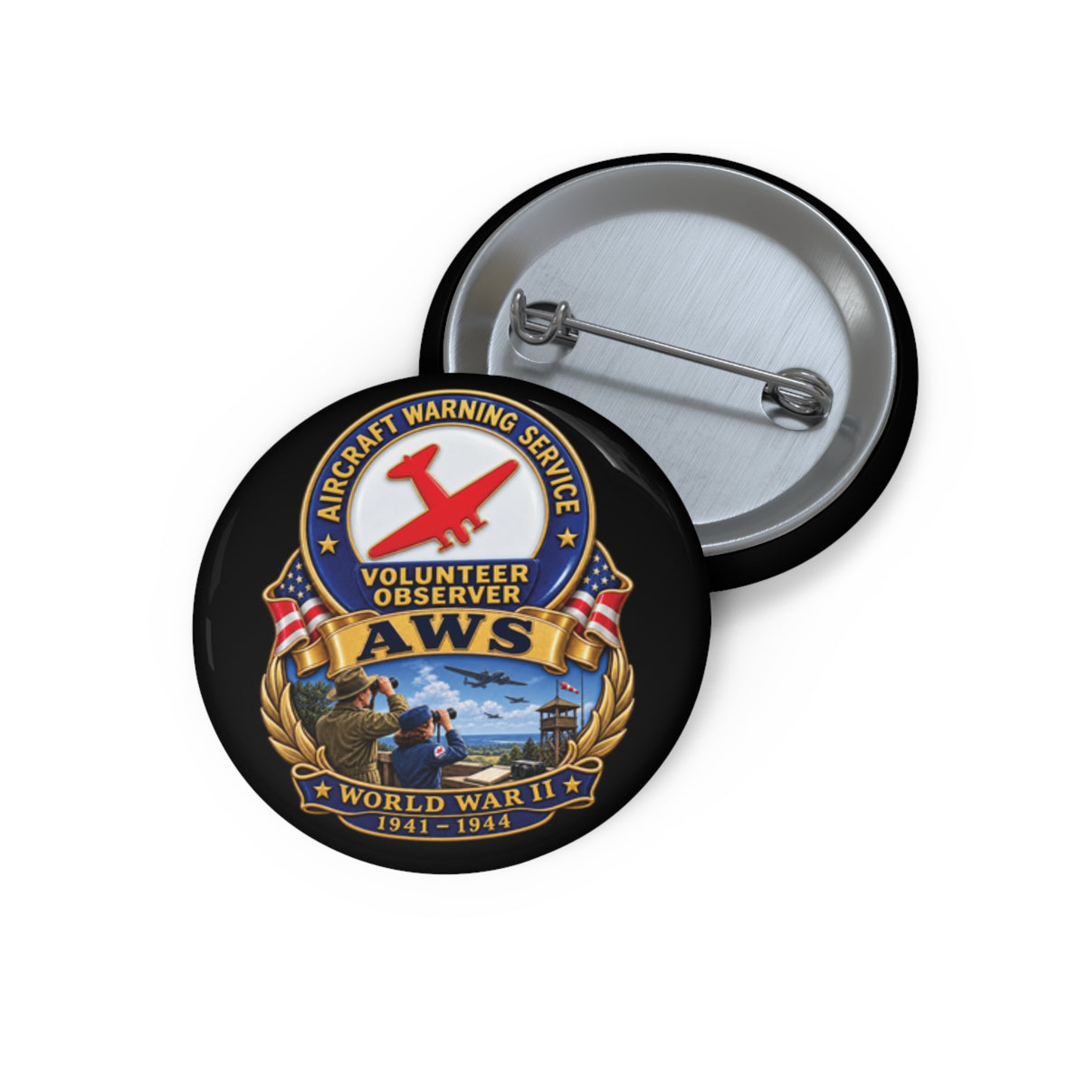 Custom Pin Button - Aircraft Warning Service (AWS) WWII - 3D - Enhanced