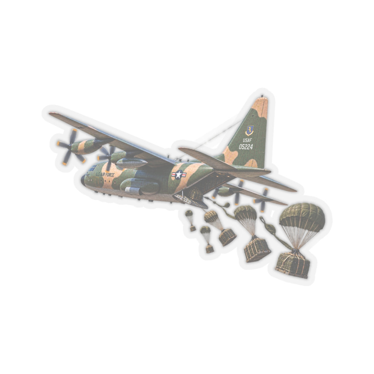 Kiss-Cut Stickers - C-130  Aircraft - Camo - Dropping Cargo Bundles