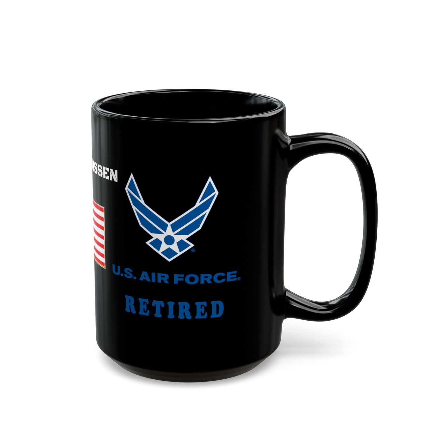 Retired U.S. Air Force Black Mug – Personalized LTC Rasmussen, American Flag (15oz)