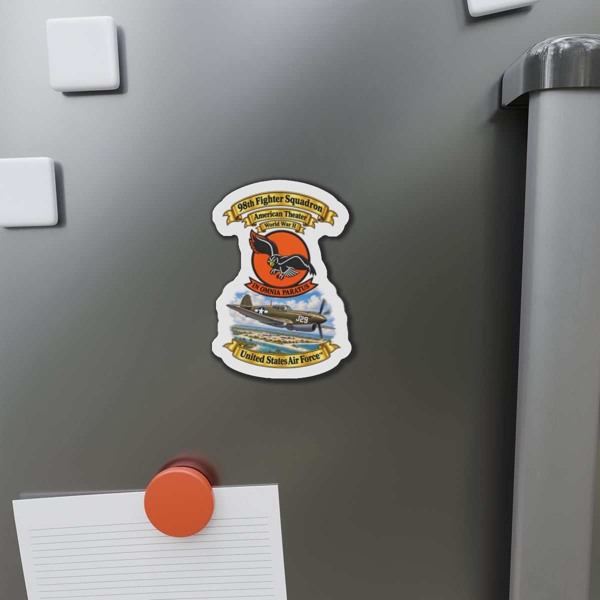 Die-Cut Magnet - 98th Fighter - Intceptor Squadron - SSI - American Theater - USAAF -w P40 Warhawk Scene - 3D - Transparent
