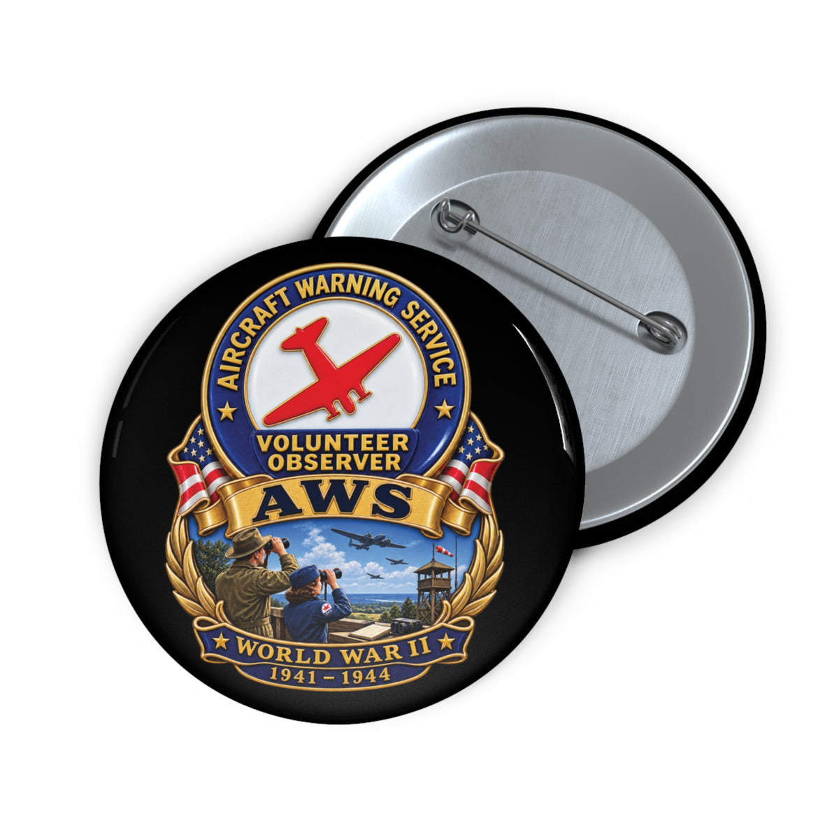 Custom Pin Button - Aircraft Warning Service (AWS) WWII - 3D - Enhanced