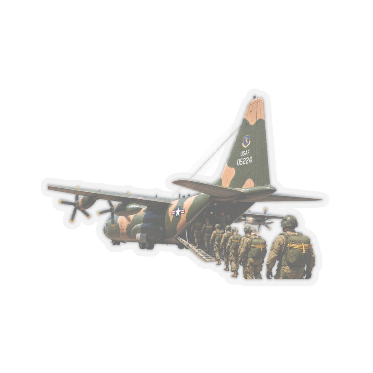 Kiss-Cut Stickers - C-130  Aircraft - Camo - Paratrooper Ramp Load Single Line