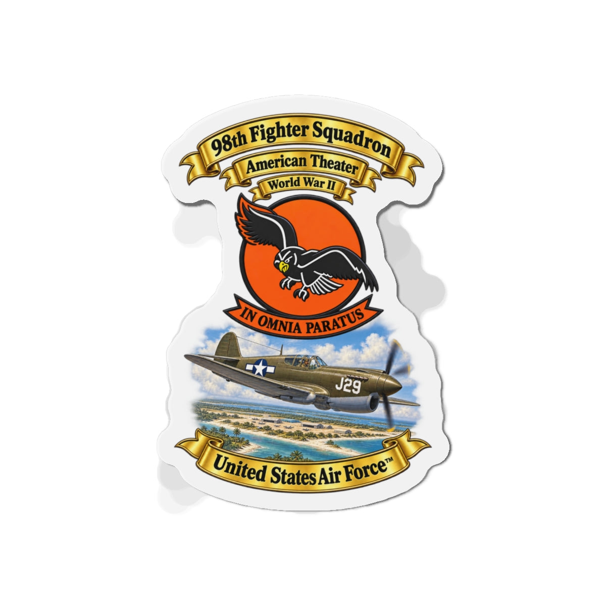 Die-Cut Magnet - 98th Fighter - Intceptor Squadron - SSI - American Theater - USAAF -w P40 Warhawk Scene - 3D - Transparent