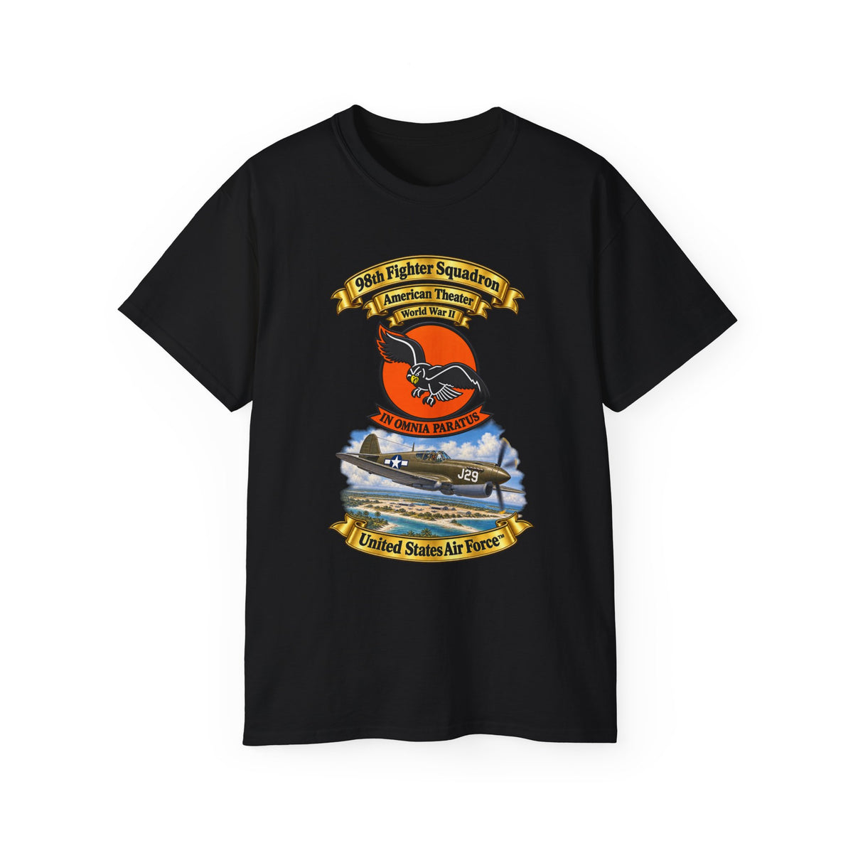 Unisex Ultra Cotton Tee - 98th Fighter - Intceptor Squadron - SSI - American Theater - USAAF -w P40 Warhawk Scene - 3D - Transparent