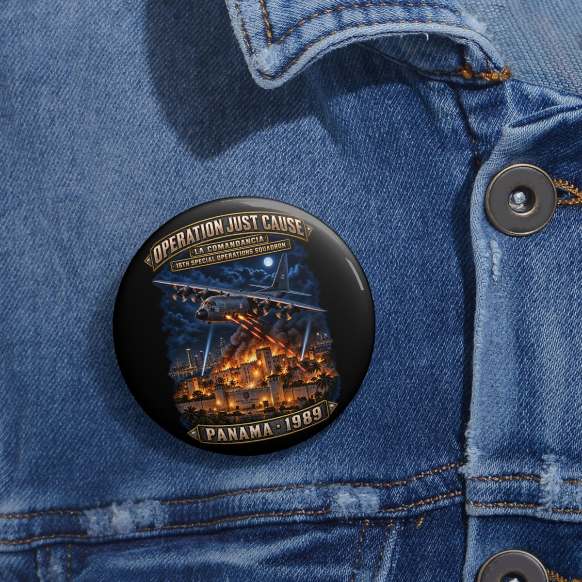 Custom Pin Button - SOF - 16th SOS - Panama Invasion 1989 - La Comandancia - 3D - Enhanced