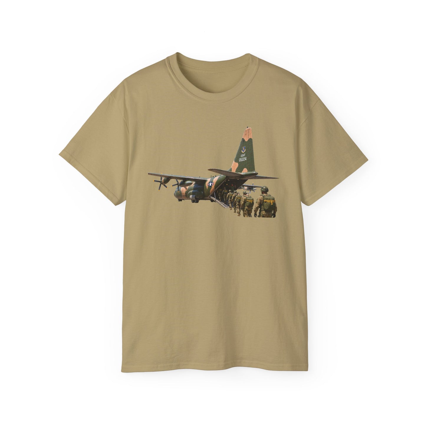 Unisex Ultra Cotton Tee - C-130  Aircraft - Camo - Paratrooper Ramp Load Single Line