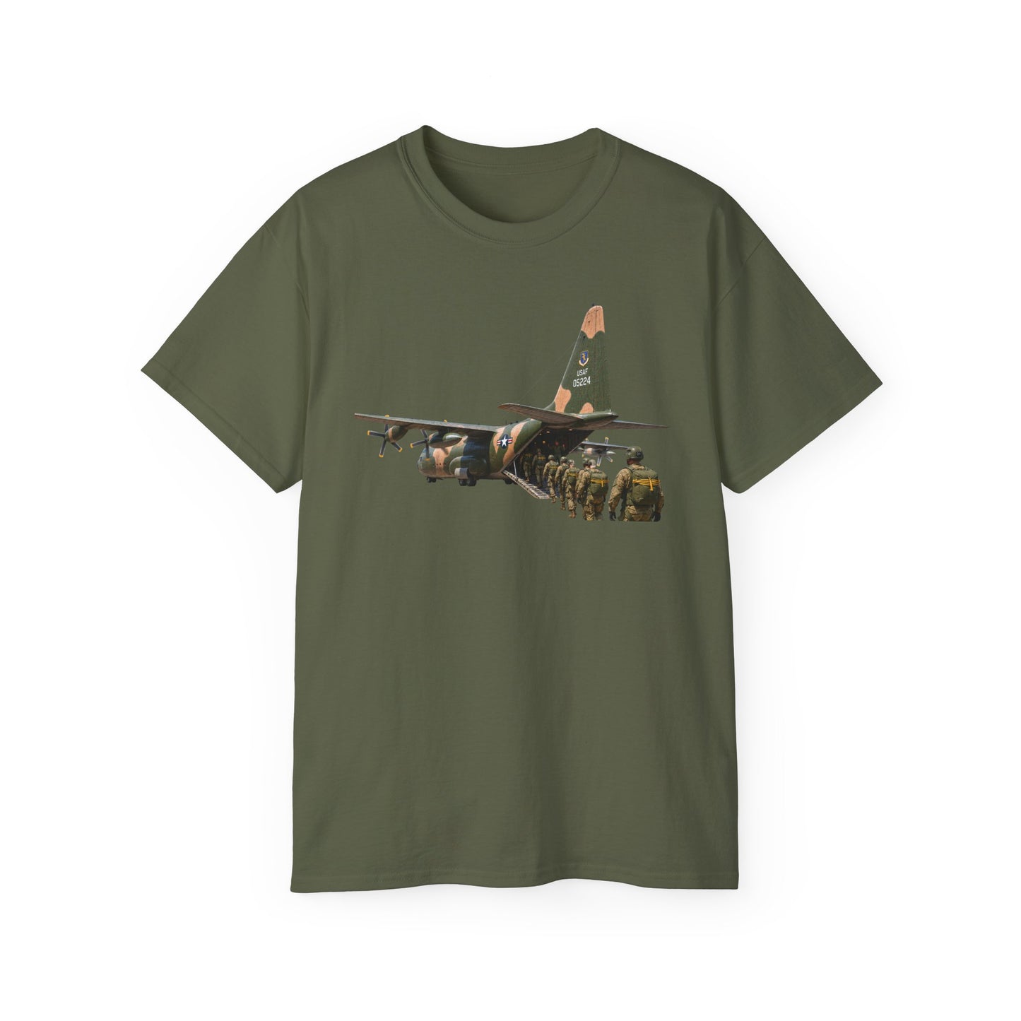 Unisex Ultra Cotton Tee - C-130  Aircraft - Camo - Paratrooper Ramp Load Single Line