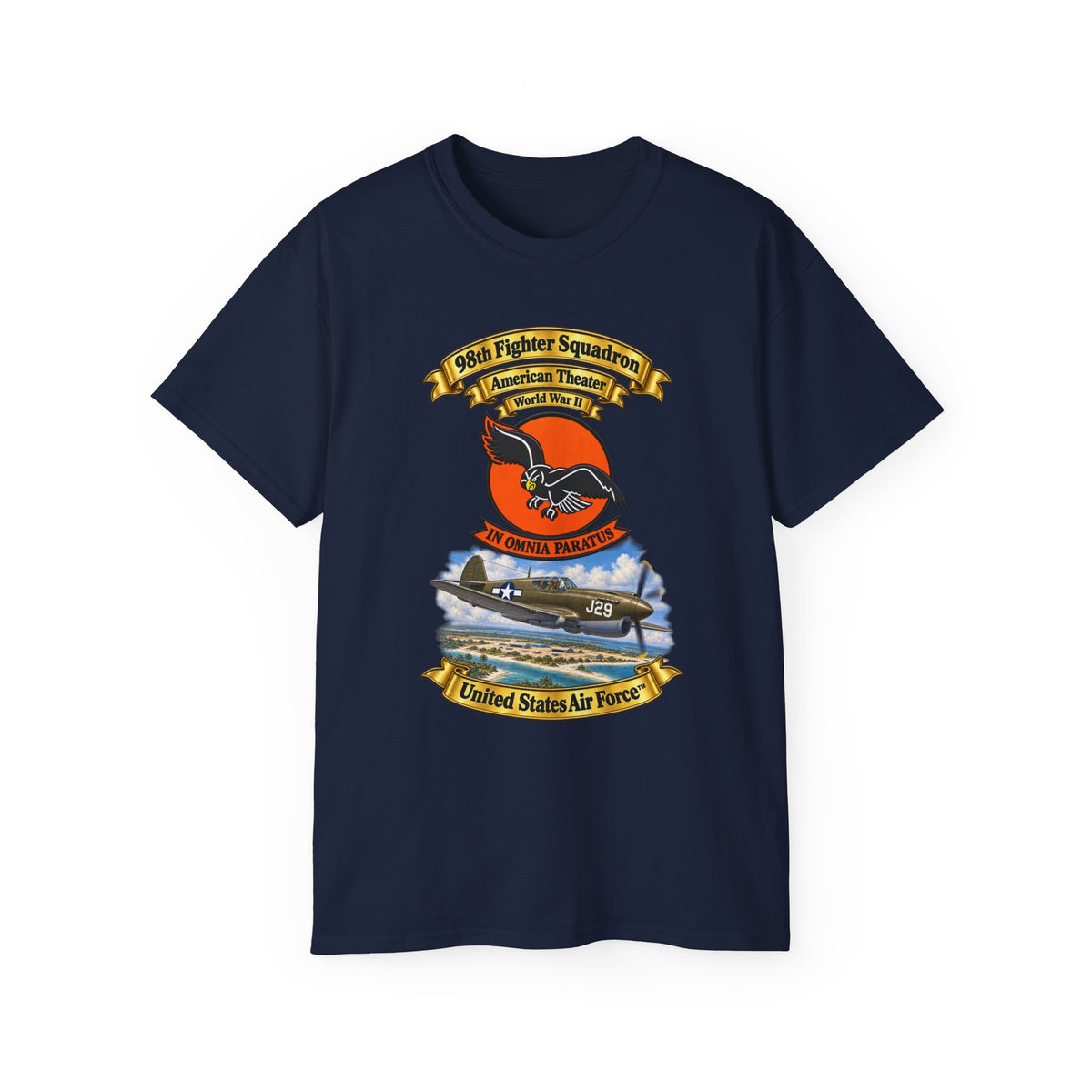 Unisex Ultra Cotton Tee - 98th Fighter - Intceptor Squadron - SSI - American Theater - USAAF -w P40 Warhawk Scene - 3D - Transparent
