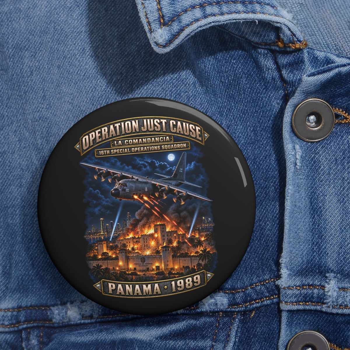 Custom Pin Button - SOF - 16th SOS - Panama Invasion 1989 - La Comandancia - 3D - Enhanced