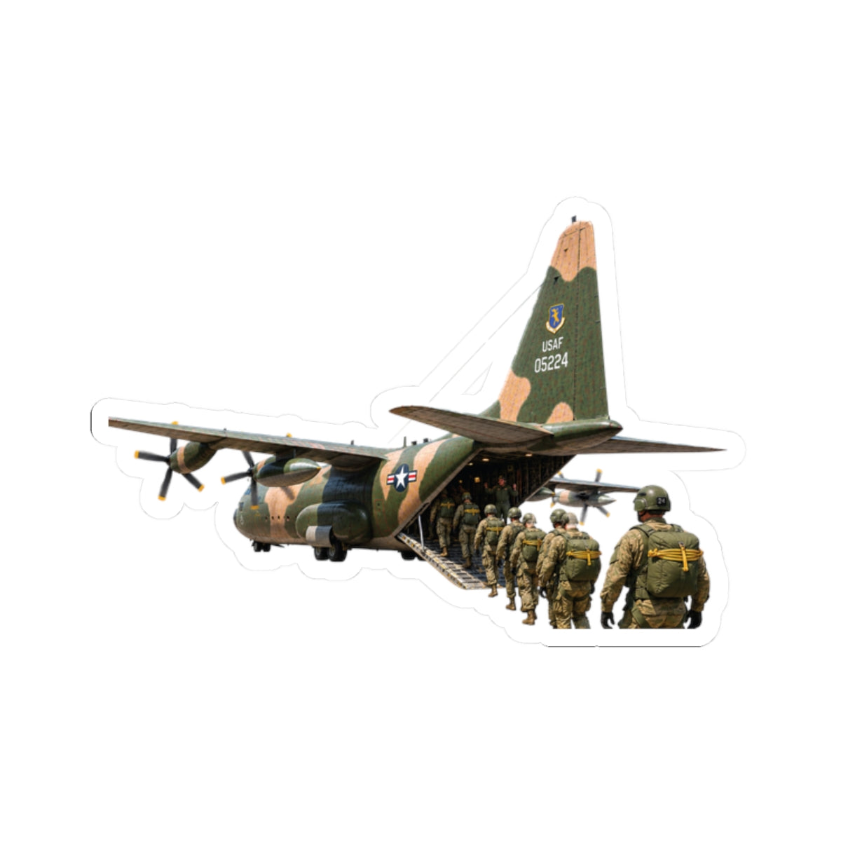 Kiss-Cut Stickers - C-130  Aircraft - Camo - Paratrooper Ramp Load Single Line