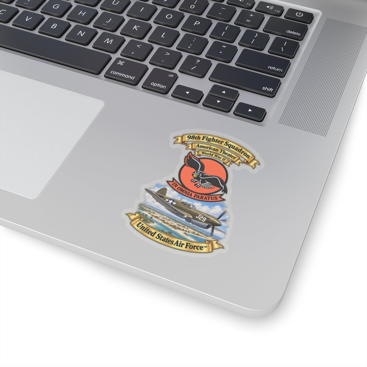 Kiss-Cut Stickers - 98th Fighter - Intceptor Squadron - SSI - American Theater - USAAF -w P40 Warhawk Scene - 3D - Transparent