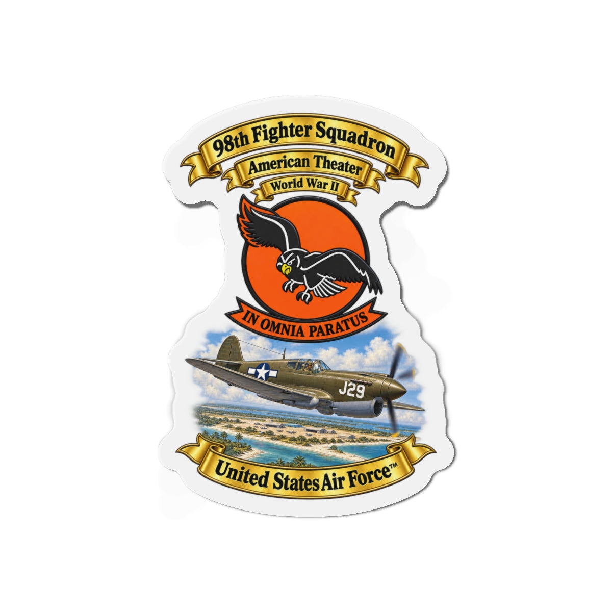 Die-Cut Magnet - 98th Fighter - Intceptor Squadron - SSI - American Theater - USAAF -w P40 Warhawk Scene - 3D - Transparent