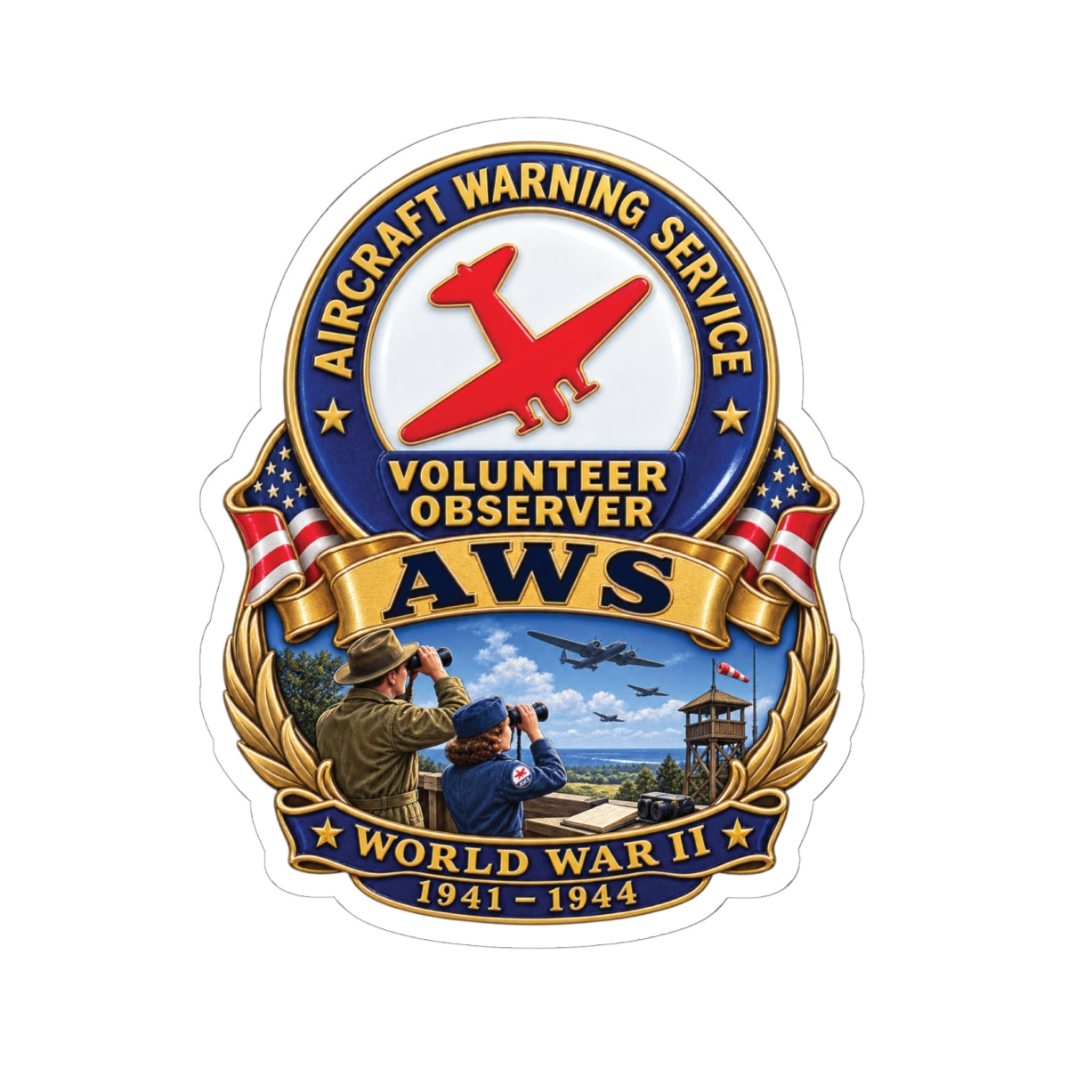 Kiss-Cut Stickers - Aircraft Warning Service (AWS) WWII - 3D - Enhanced