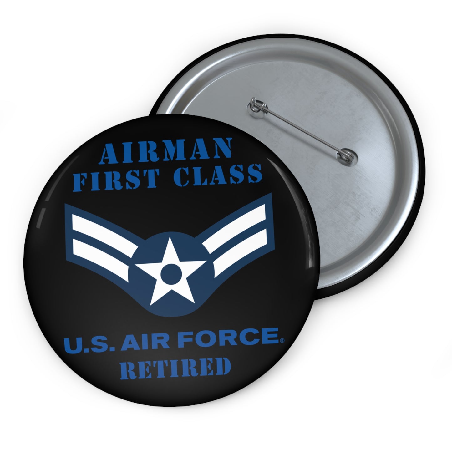 Custom Pin Button - USAF - Airman - First Class (E3) - 2020 - Retired