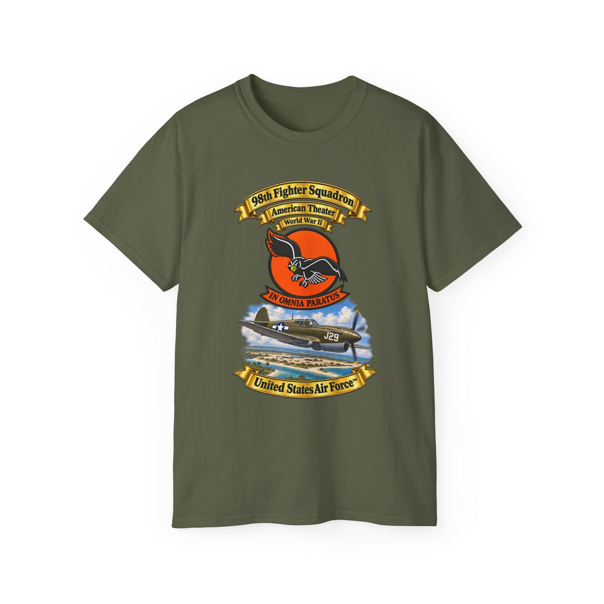Unisex Ultra Cotton Tee - 98th Fighter - Intceptor Squadron - SSI - American Theater - USAAF -w P40 Warhawk Scene - 3D - Transparent