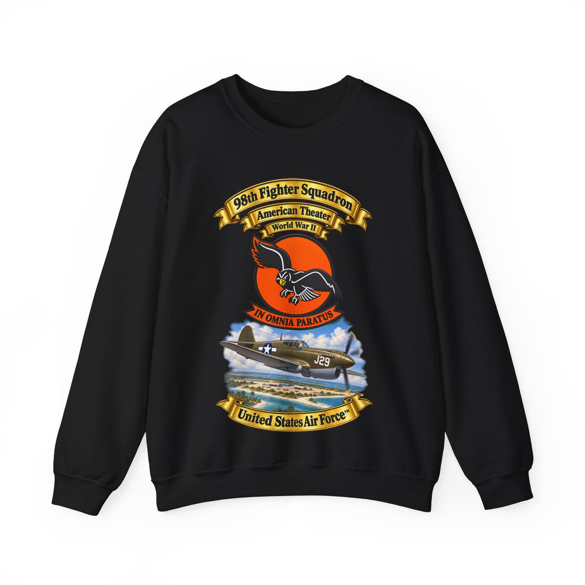 Crewneck Sweatshirt - 98th Fighter - Intceptor Squadron - SSI - American Theater - USAAF -w P40 Warhawk Scene - 3D - Transparent