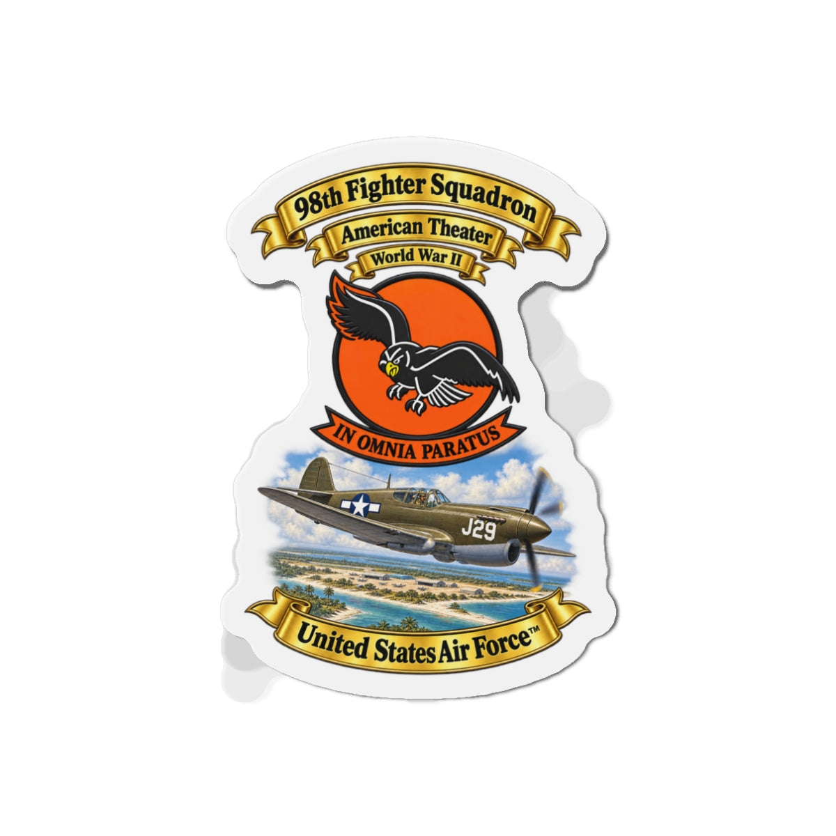 Die-Cut Magnet - 98th Fighter - Intceptor Squadron - SSI - American Theater - USAAF -w P40 Warhawk Scene - 3D - Transparent
