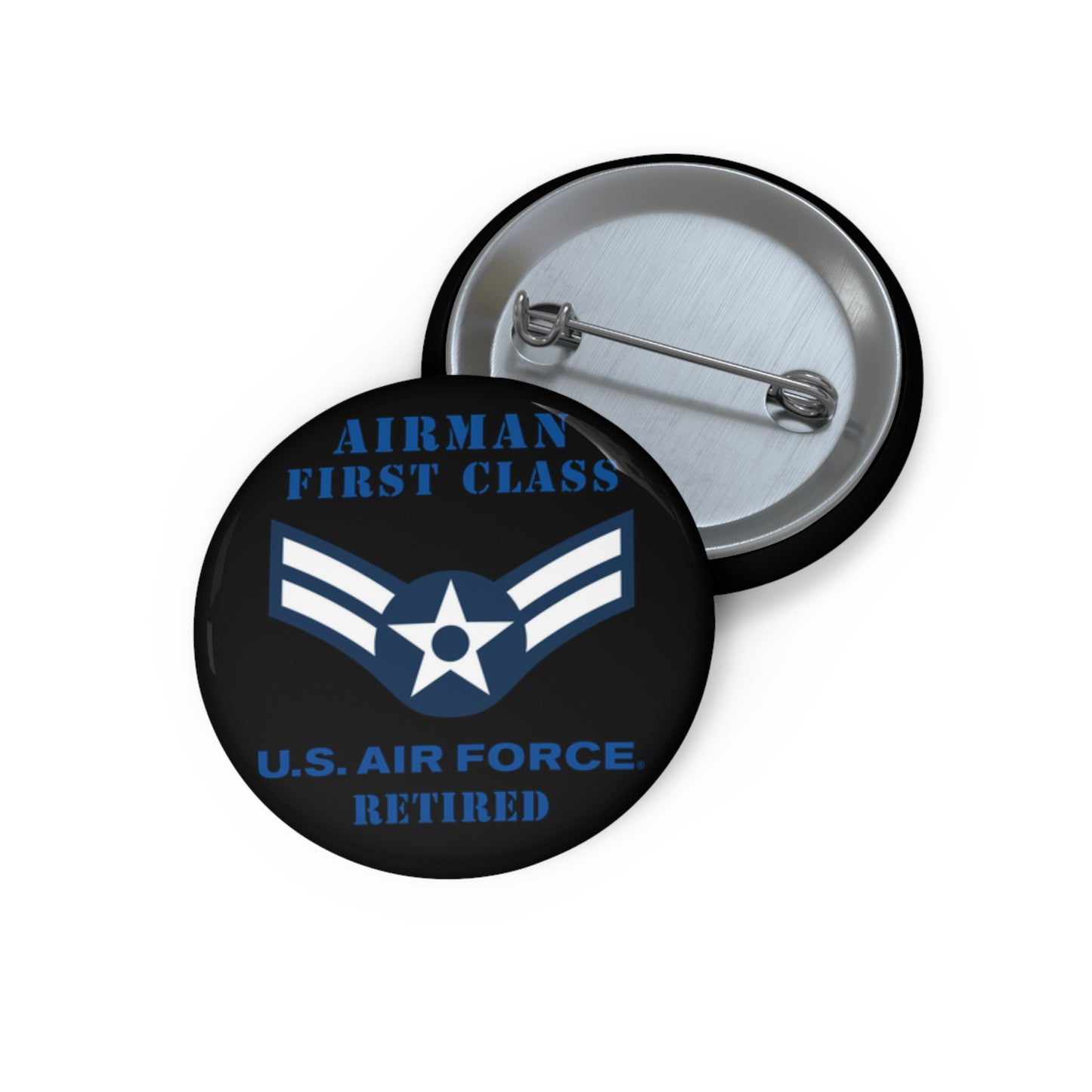 Custom Pin Button - USAF - Airman - First Class (E3) - 2020 - Retired