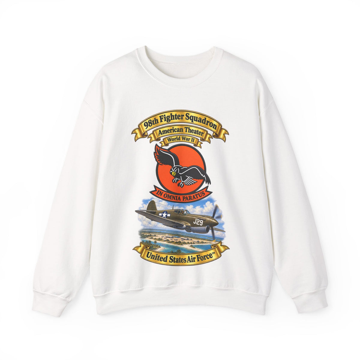 Crewneck Sweatshirt - 98th Fighter - Intceptor Squadron - SSI - American Theater - USAAF -w P40 Warhawk Scene - 3D - Transparent