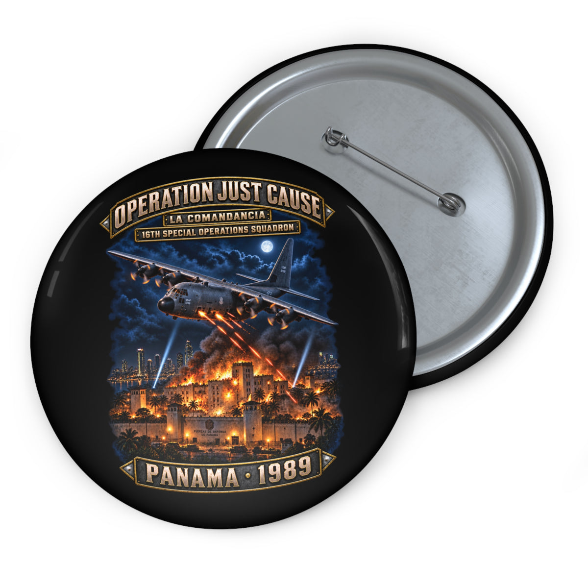 Custom Pin Button - SOF - 16th SOS - Panama Invasion 1989 - La Comandancia - 3D - Enhanced