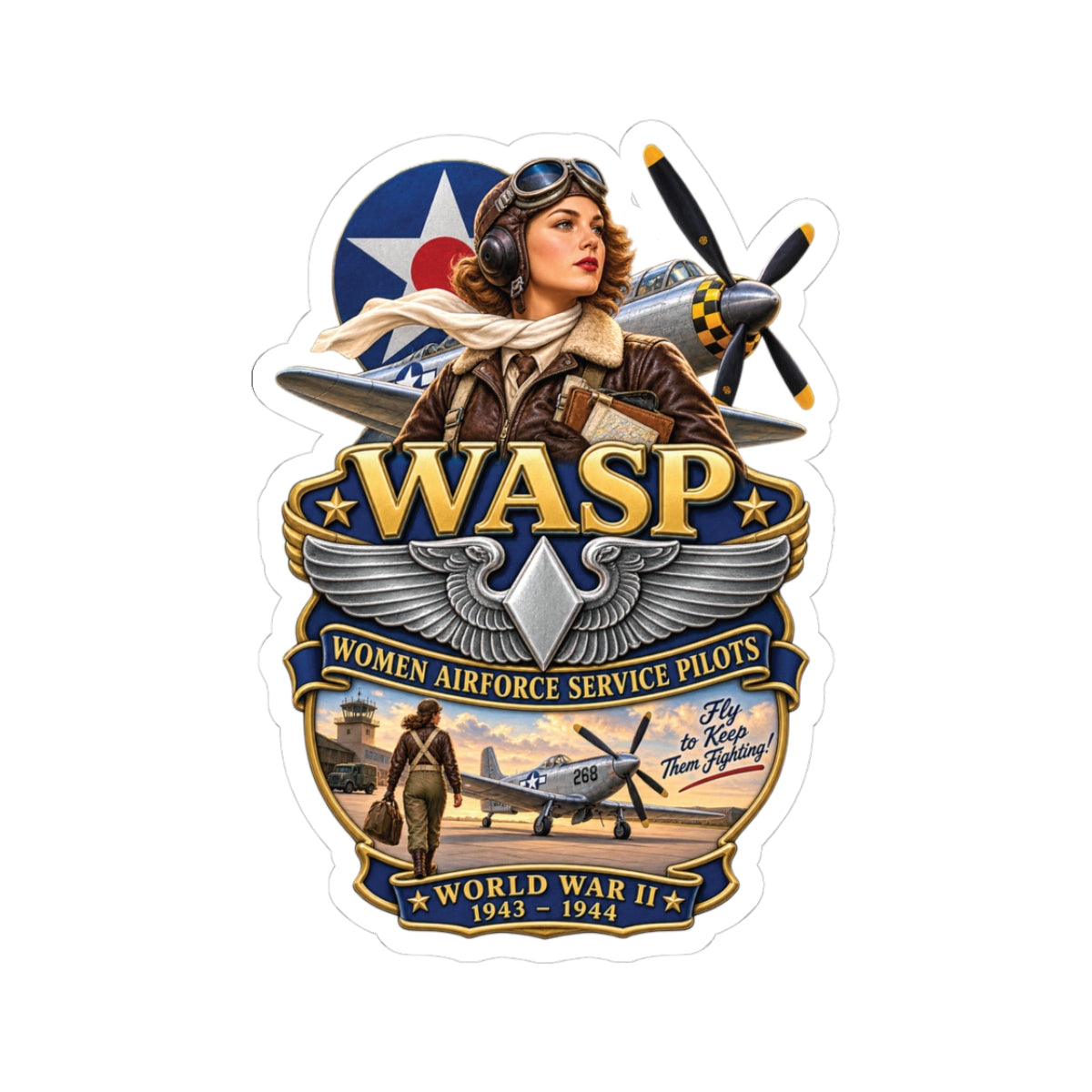 Kiss-Cut Stickers - WASP - Women Airforce Service Pilot - WWII - 3D - Enhanced