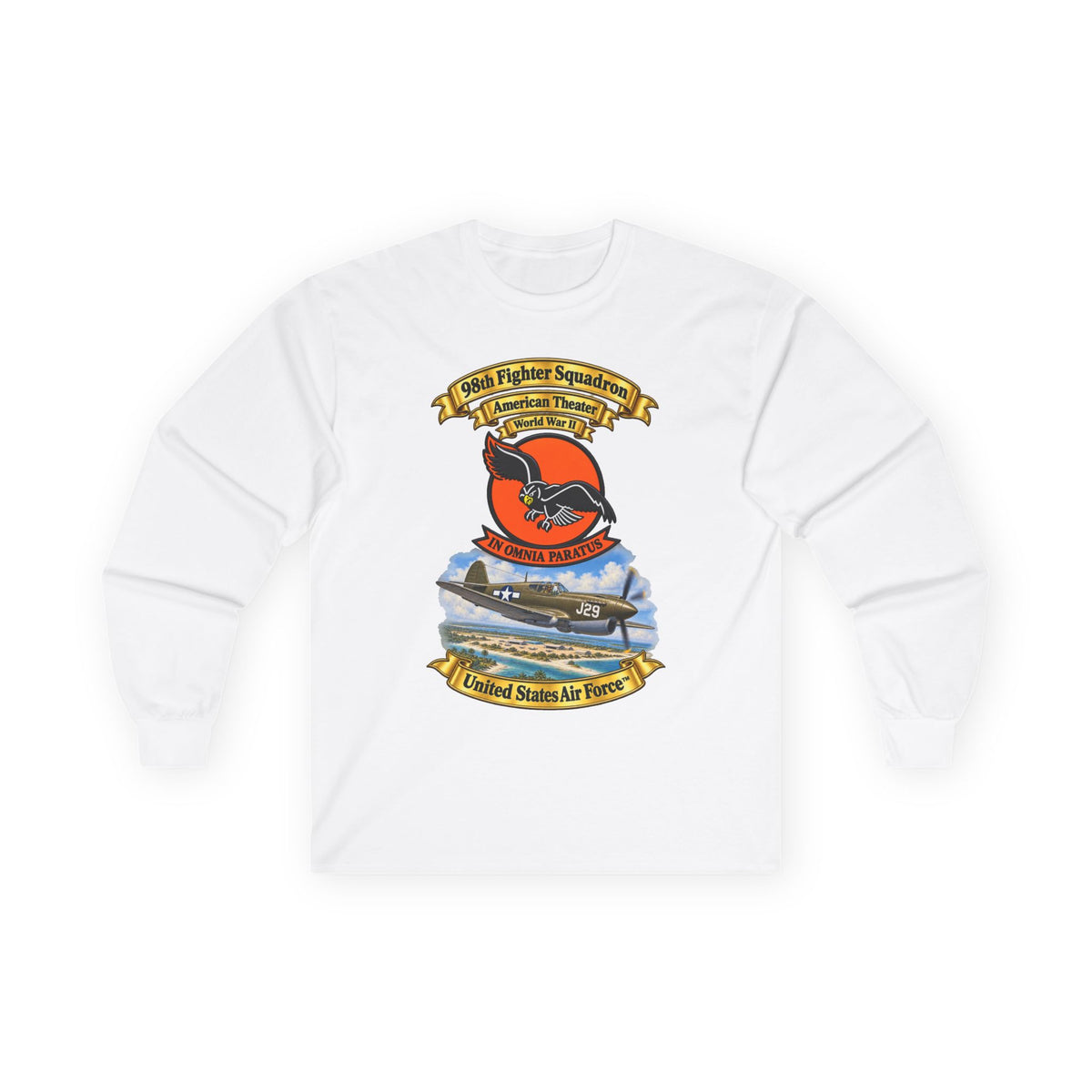 Unisex Ultra Cotton Long Sleeve Tee - 98th Fighter - Intceptor Squadron - SSI - American Theater - USAAF -w P40 Warhawk Scene - 3D - Transparent